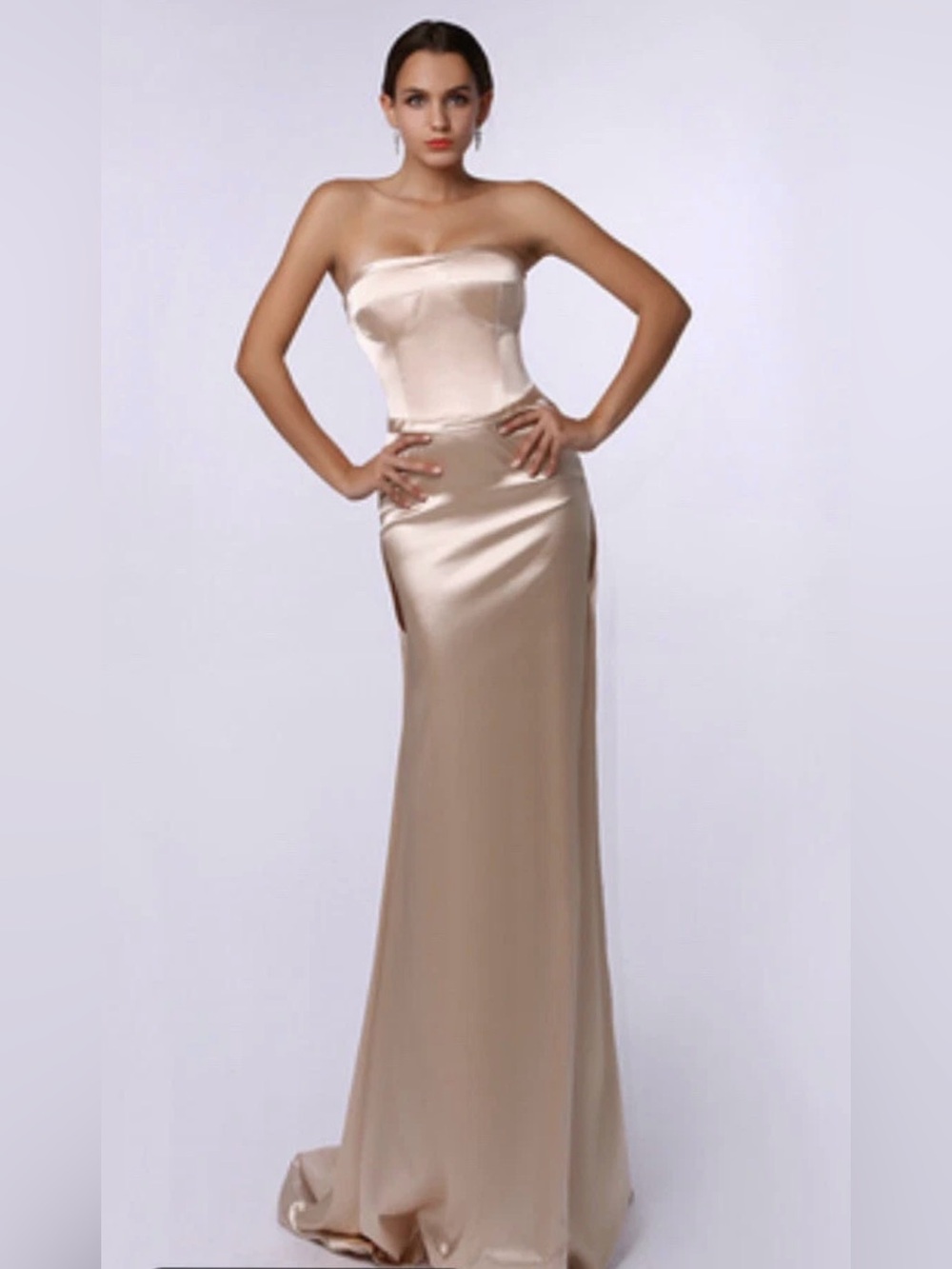 Milanoo Champagne Evening Gown Cascading Back Ruffle Sz  Retails $780 READ